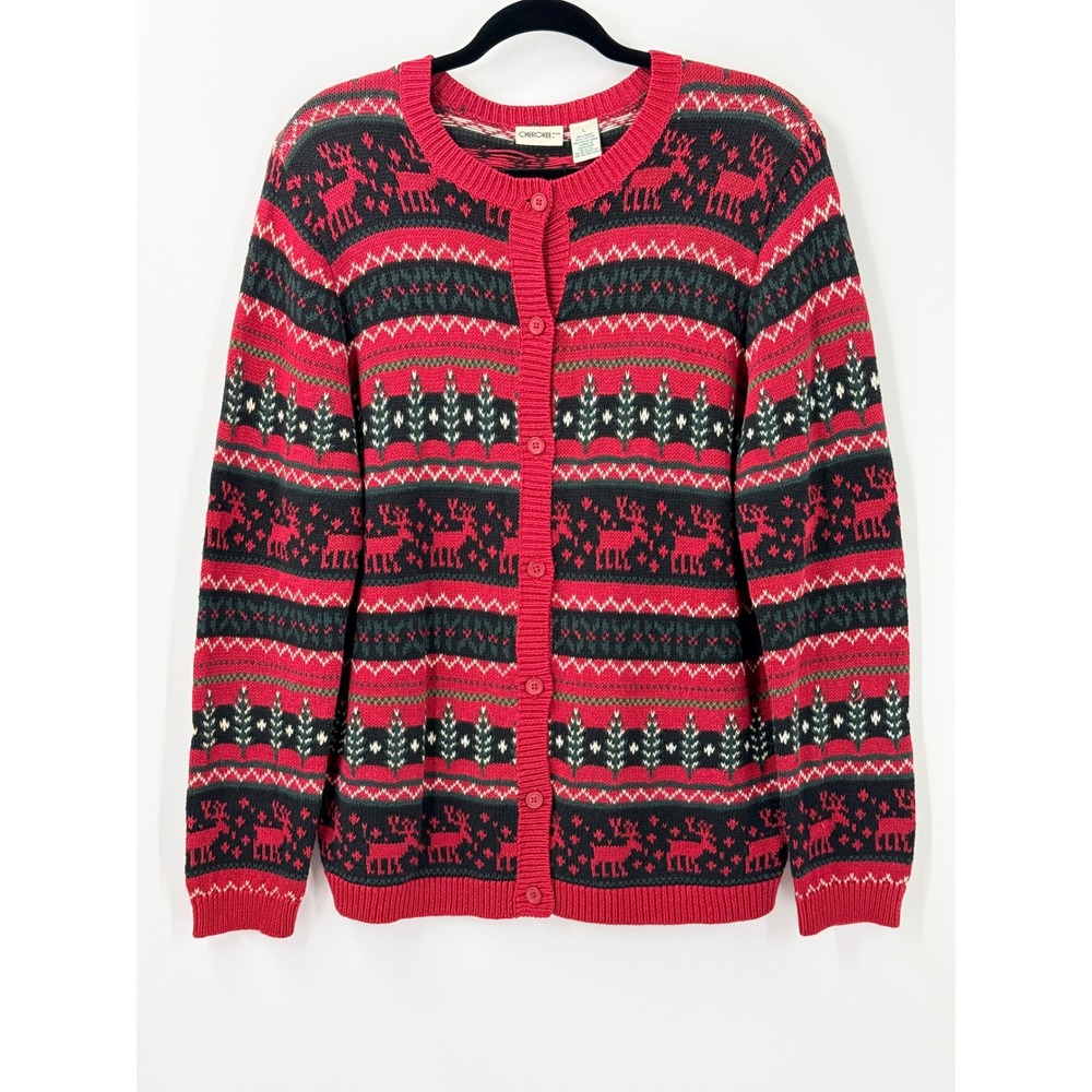 Cherokee Cardigan Sweater Women Large Vtg 90s Nordic Christmas Holiday Fair Isle